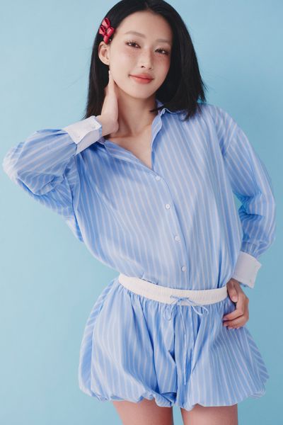  Áo sơ mi phối măng sết - Xanh biển - T1084 