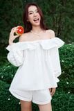  Áo hở vai phối bèo - Trắng - T1092 