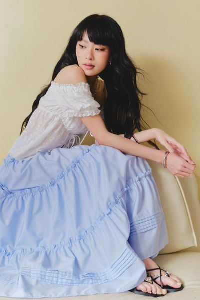  Chân váy Midi nhún tầng - Xanh biển - S0285 