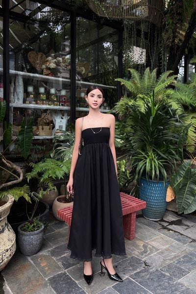  Đầm ống phối vải poplin - Đen - D0677 