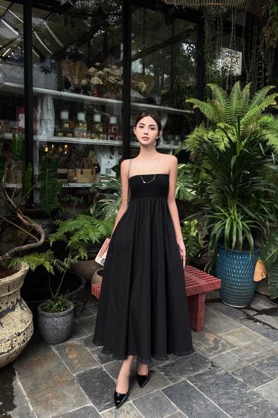  Đầm ống phối vải poplin - Đen - D0677 