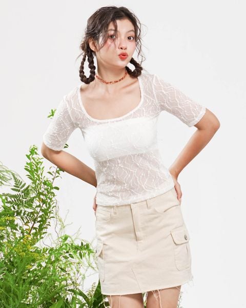  Áo ngắn tay cổ vuông vải ren - Trắng - T0804 