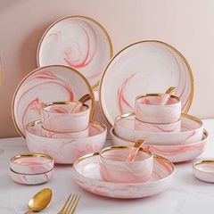 Bộ bát Hồng pastel viền vàng 26 chi tiết cao cấp