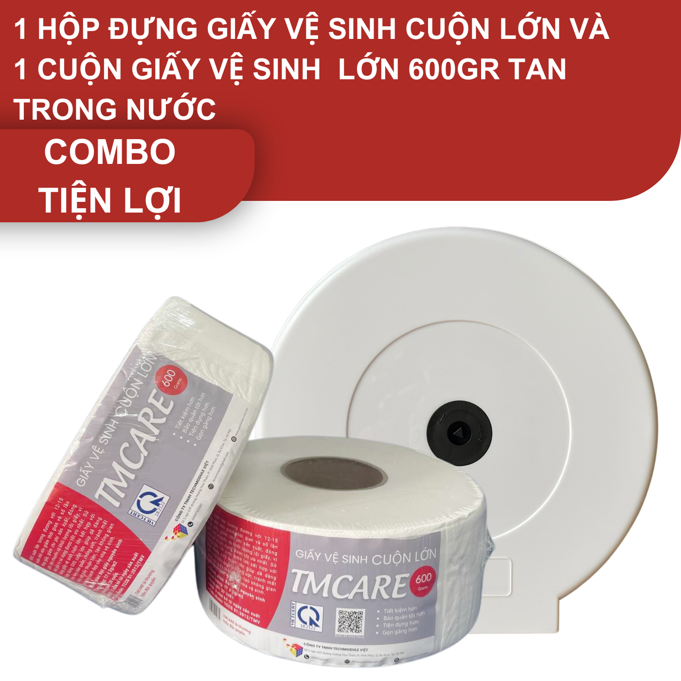 Combo tiện lợi trong nhà vệ sinh: 1 hộp đựng giấy vệ sinh cuộn lớn và 1 giấy vệ sinh cuộn lớn TMCARE đỏ 600G