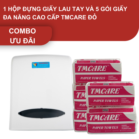 Combo ưu đãi: 1 hộp đựng giấy lau tay và 5 gói giấy đa năng cao cấp TMCARE đỏ