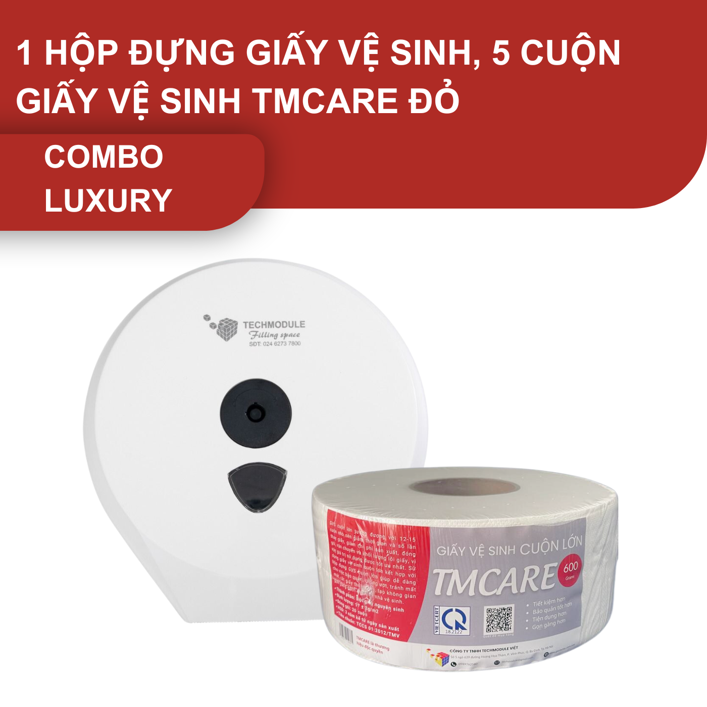 Combo 1 hộp đựng giấy vệ sinh 3023A và 5 giấy vệ sinh TMCARE đỏ 600g