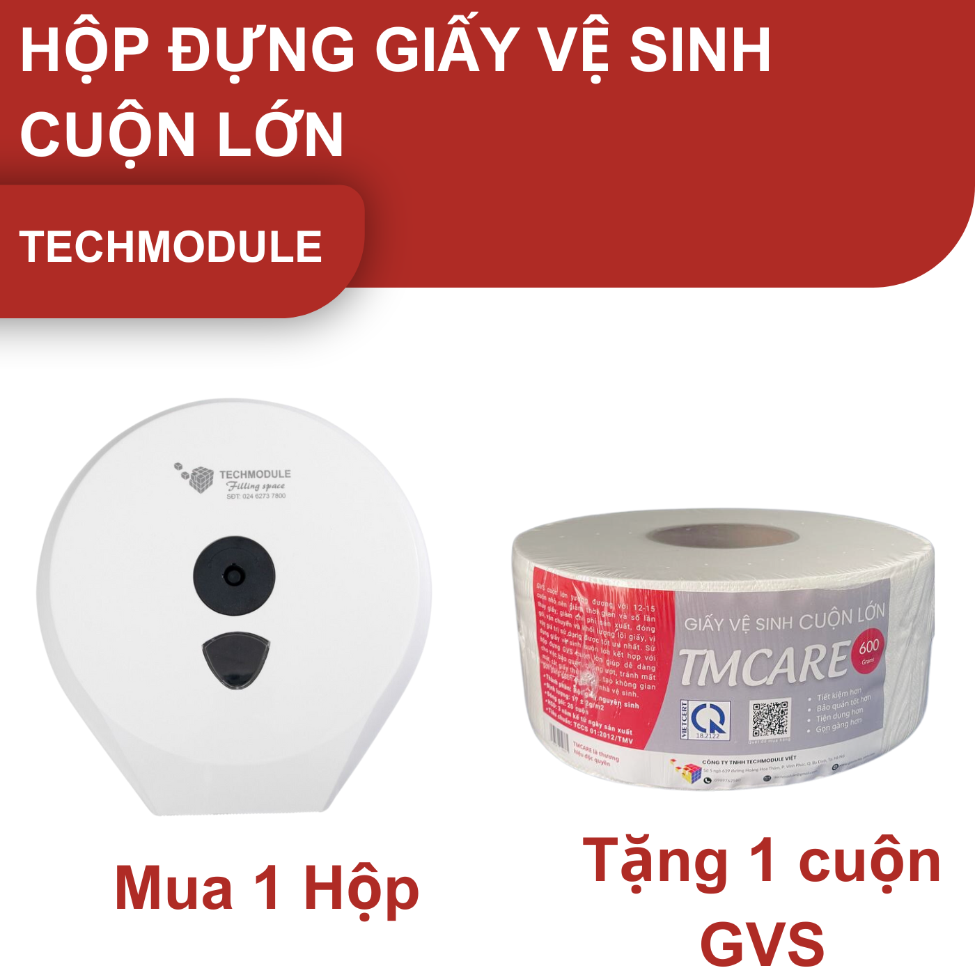 Mua 01 hộp đựng giấy vệ sinh cuộn lớn TM-3023A tặng 01 giấy vệ sinh cuộn lớn TM-JTR-TMCARE-RED-600