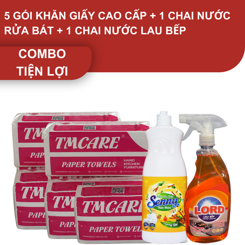 Combo tiện lợi nhà bếp: 5 gói giấy đa năng TMCARE đỏ và 1 chai nước rửa chén và 1 chai nước lau bếp