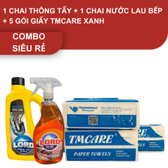  Combo siêu rẻ: 1 chai thông tẩy và 1 chai nước lau bếp và 5 gói giấy đa năng TMCARE xanh 