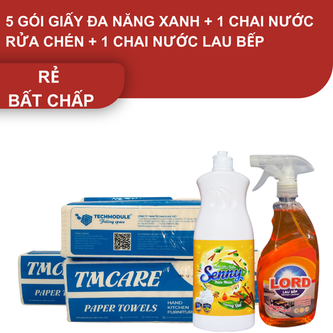 Combo rẻ bất chấp: 5 gói giấy đa năng TMCARE xanh và 1 chai nước rửa chén và 1 chai nước lau bếp