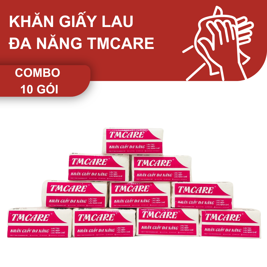 Khăn giấy lau tay đa năng TMCARE Deluxe Đỏ, 100% bột giấy nguyên sinh - 100 tờ - vệ sinh sau và trong bữa ăn - 10 gói