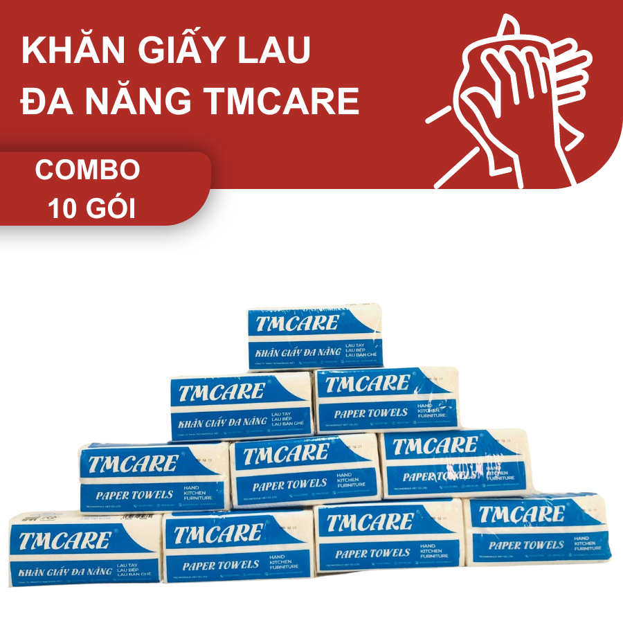 Khăn giấy lau tay đa năng TMCARE Premium Xanh, 100% bột giấy nguyên sinh - 100 tờ - vệ sinh sau và trong bữa ăn - 10 gói