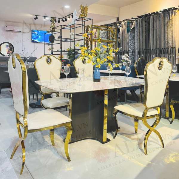 Bộ Bàn Ăn Mặt Đá Marble Cao Cấp 1m6 Trắng Vân Xám A003 - Ghế Ăn Bọc Da Cao Cấp B416 Alila