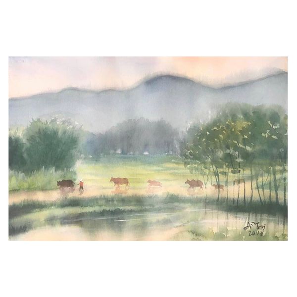 Tranh Sáng Tác - Bản Gốc - Tranh Màu Nước Chiều Trung Du (38x56cm)