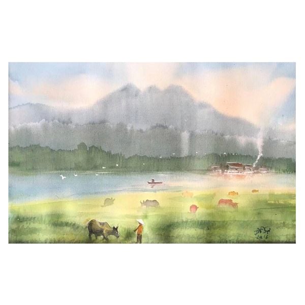 Tranh Sáng Tác - Bản Gốc - Tranh Màu Nước Núi Tản Cuối Thu (38x56cm)