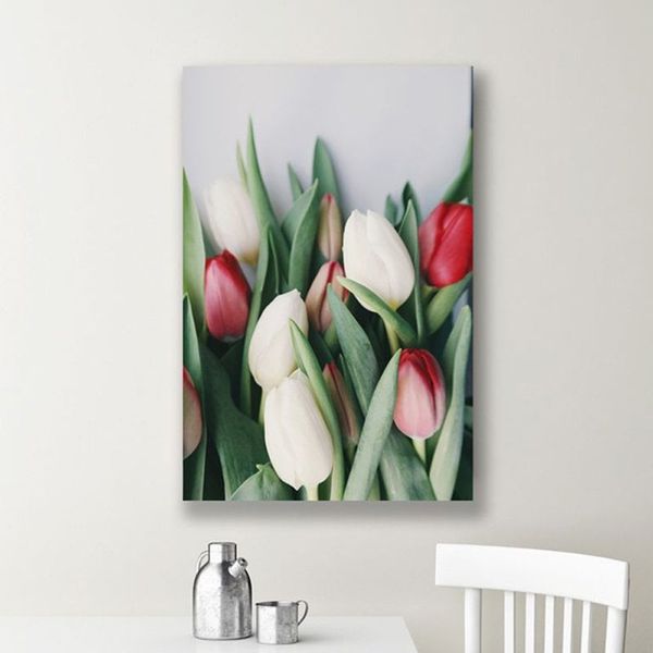 Tranh Canvas Bó Hoa Tulip Trắng Đỏ (40x60cm - 50x75cm - 60x90cm)