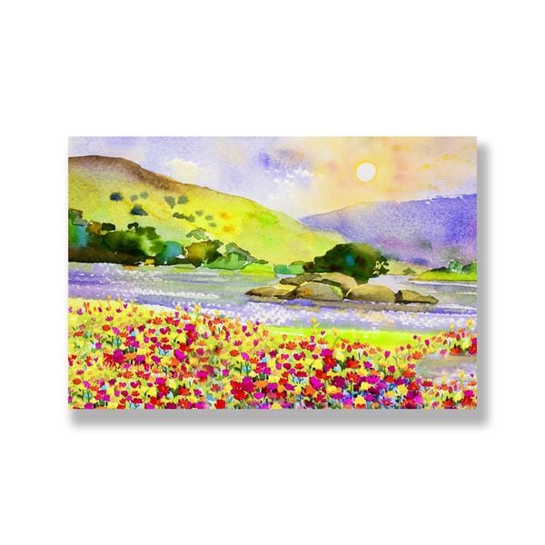 Tranh Canvas Vẽ Vườn Hoa Tulip Bên Núi (40x60cm - 50x75cm - 60x90cm)