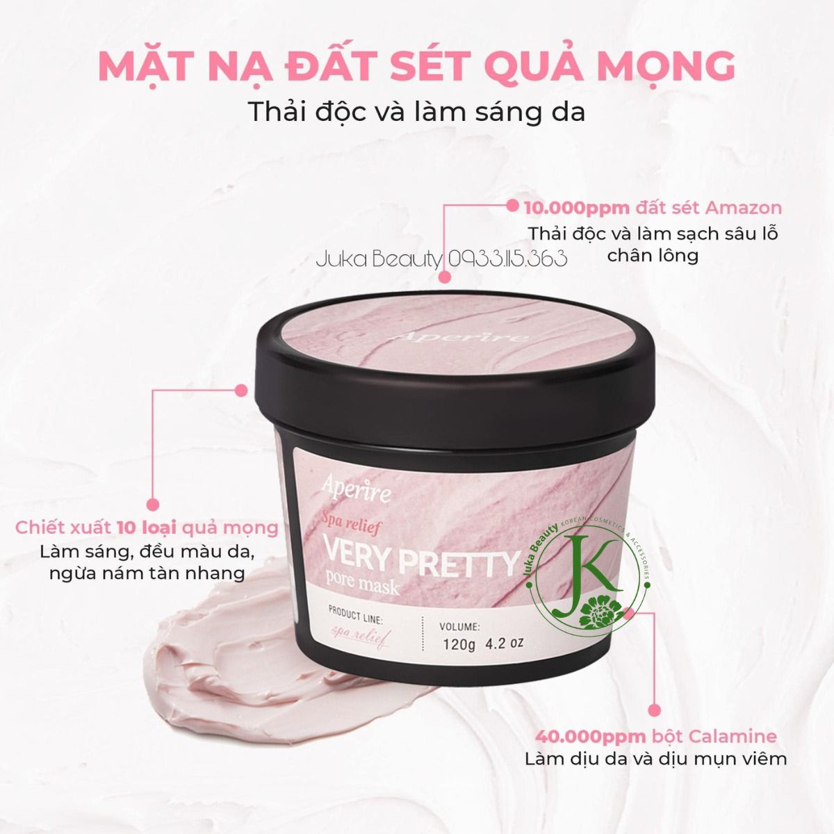  Mặt Nạ Đất Sét Làm Sạch, Sáng Da Nhạy Cảm Aperire Spa Relief VERY PRETTY Pore Mask 120g 