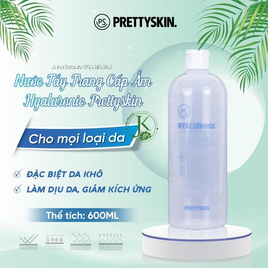  Nước Tẩy Trang Cấp ẩm Dành cho Da Khô PrettySkin Hyaluronic Cleansing Water 600ml (Trắng) 