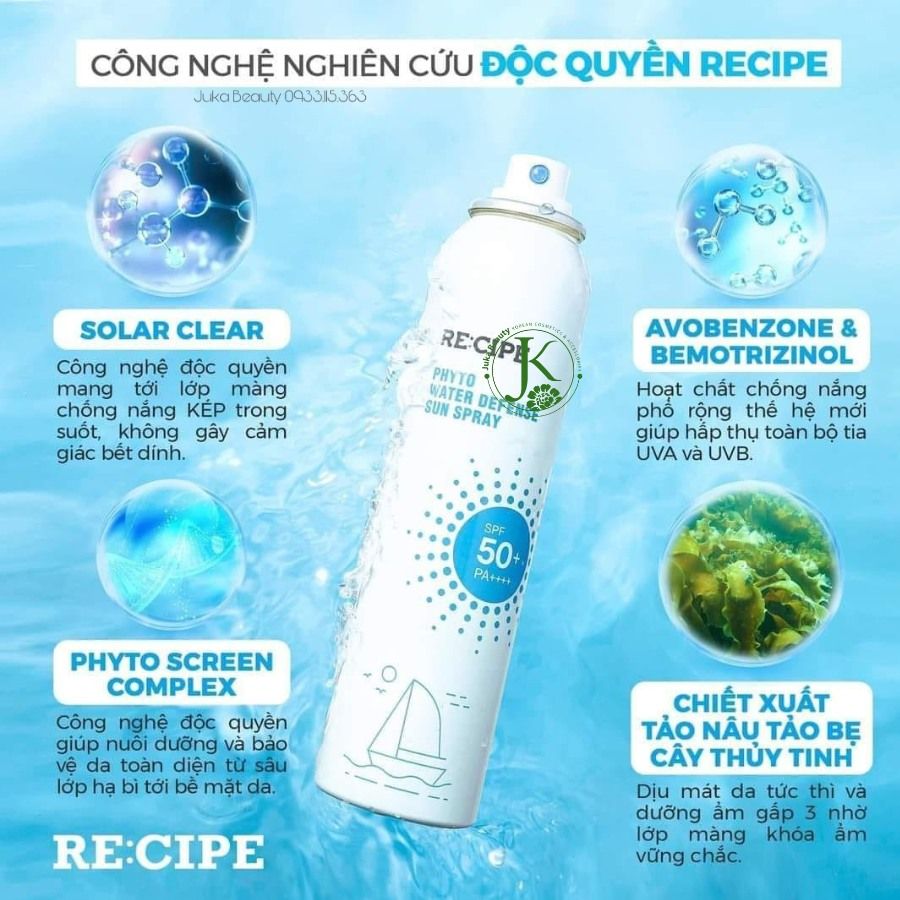  Xịt Chống Nắng Dưỡng ẩm Chống Nước Vượt Trội Re:cipe Phyto Water Defense Sun Spray SPF50+ PA++++ 180ml 