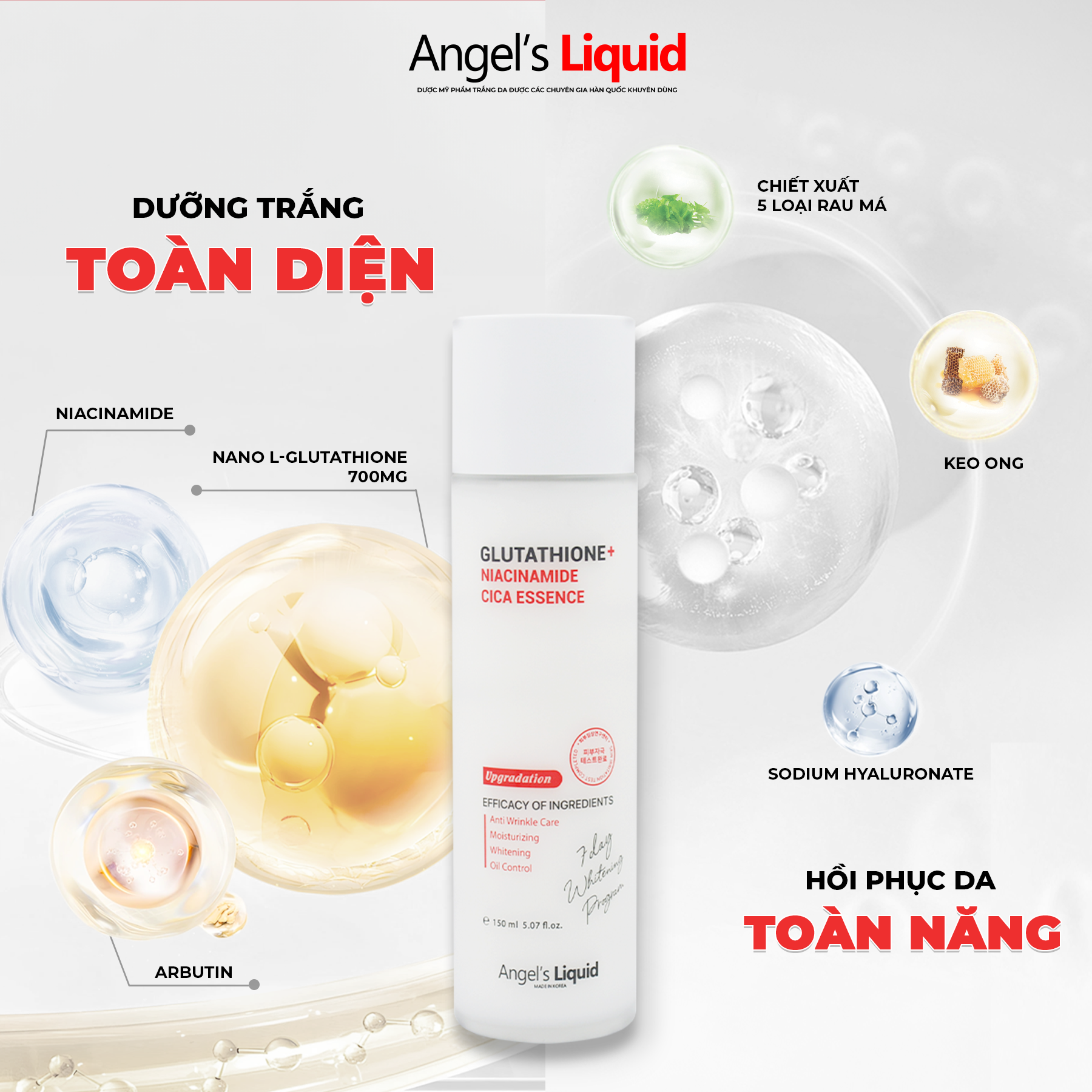  Nước Thần Dưỡng Trắng, Kiềm Dầu Angel's Liquid Glutathione + Niacinamide Cica Essence 150ml (Phiên bản Limited) 