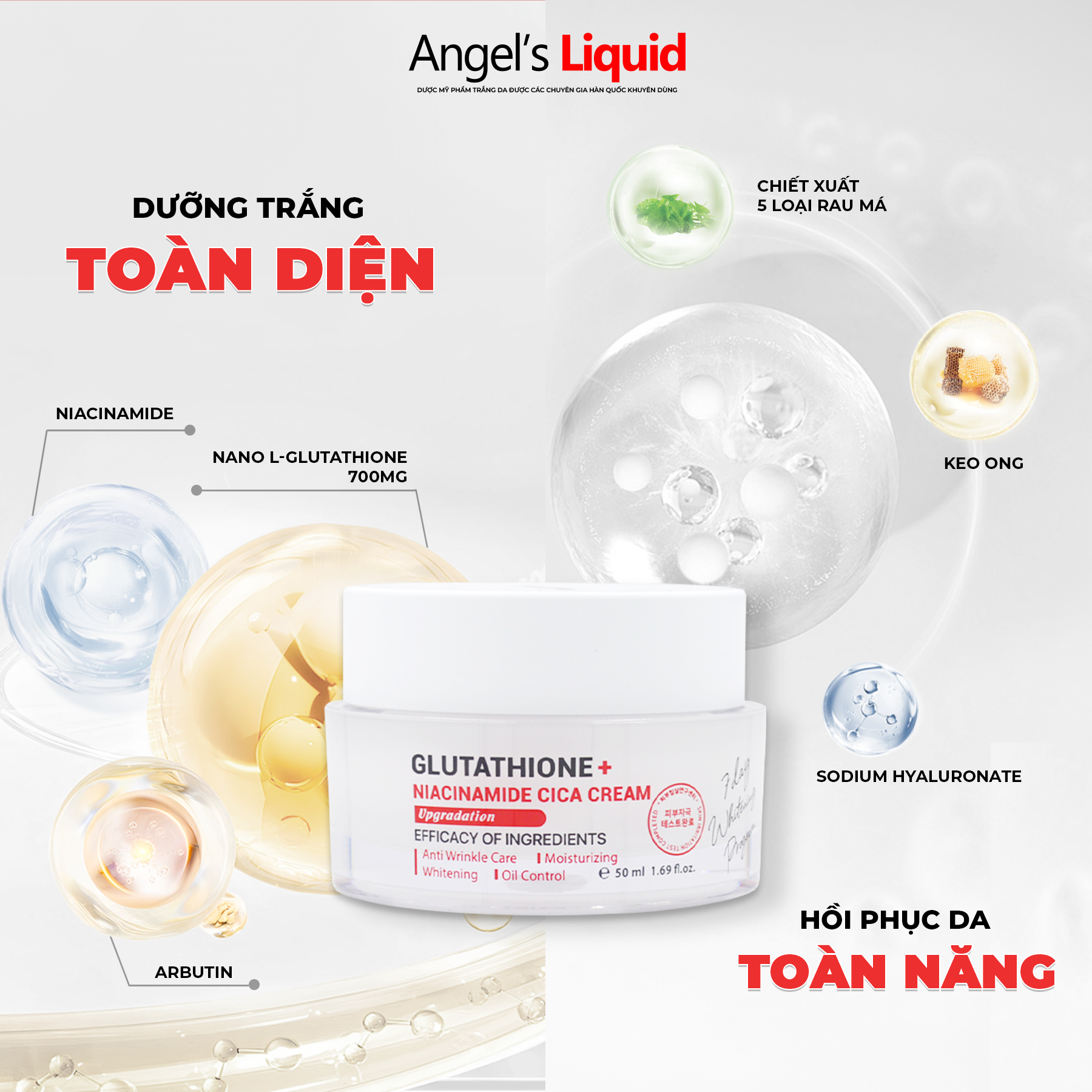  Kem Dưỡng Trắng, Kiềm Dầu Angel’s Liquid Glutathione + Niacinamide Cica Cream 50ml (Limited Edition) 