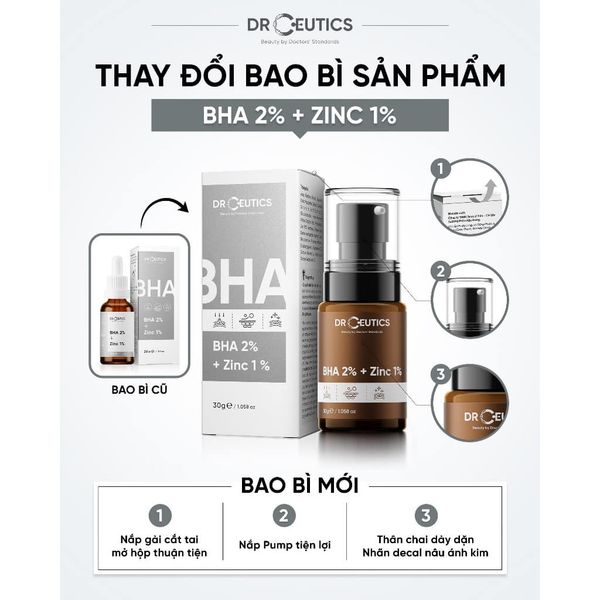  Tinh Chất Giảm Mụn, Cân Bằng Dầu Nhờn DRCEUTICS BHA 2% + Zinc 1% 30g 