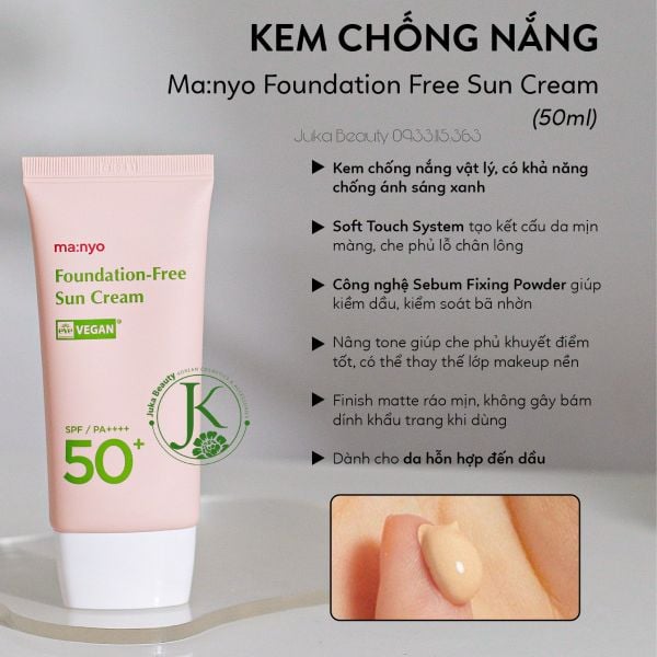  Kem Chống Nắng Nâng Tone Tự Nhiên, Kiềm Dầu Ma:nyo Foundation Free Sun Cream SPF50+ PA++++ 50ml 