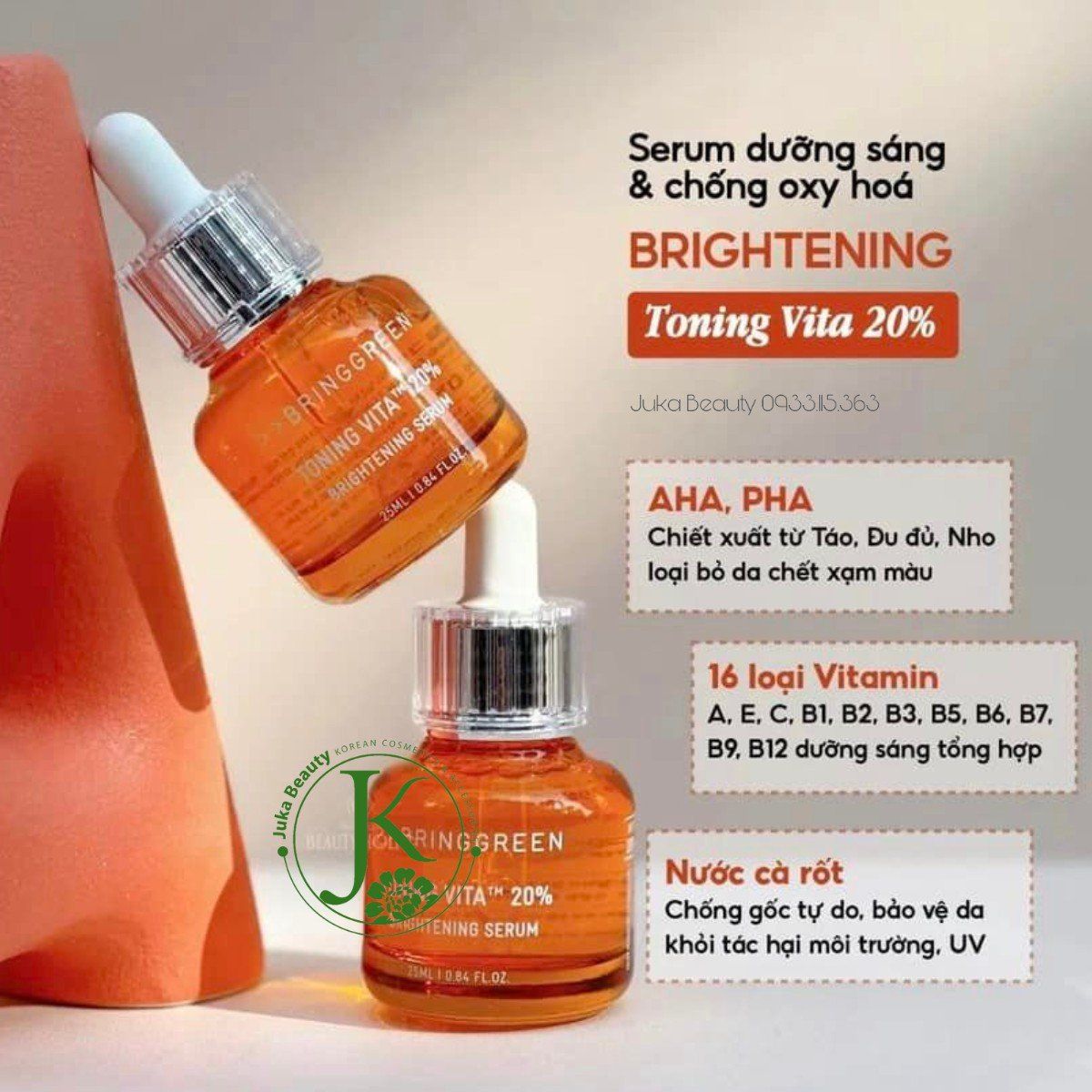  Tinh Chất Dưỡng Sáng Và Chống Oxy Hóa Bring Green Toning Vita 20% Brightening Serum 25ml (CAM) 