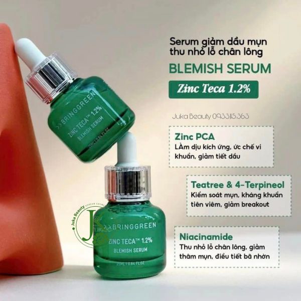  Tinh Chất Giảm Dầu Mụn, Se Khít Lỗ Chân Lông Bring Green Zinc Teca 12% Blemish Serum 25ml (XANH LÁ) 