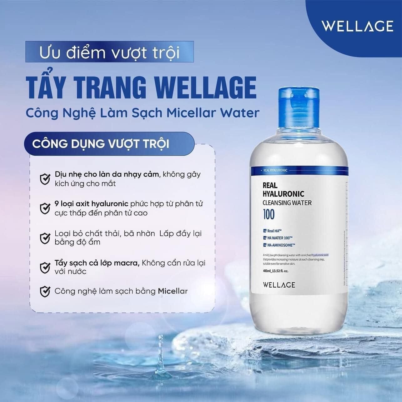  Nước Tẩy Trang Sạch Da, Dịu Nhẹ Wellage Real Hyaluronic Cleansing Water 400ml 