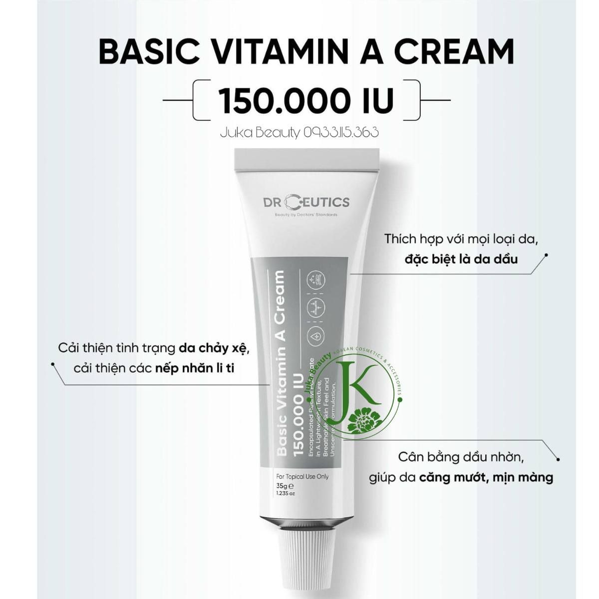  Kem Dưỡng ẩm, Ngừa Lão Hóa DRCEUTICS Basic Vitamin A Cream 150.000 IU 35g 