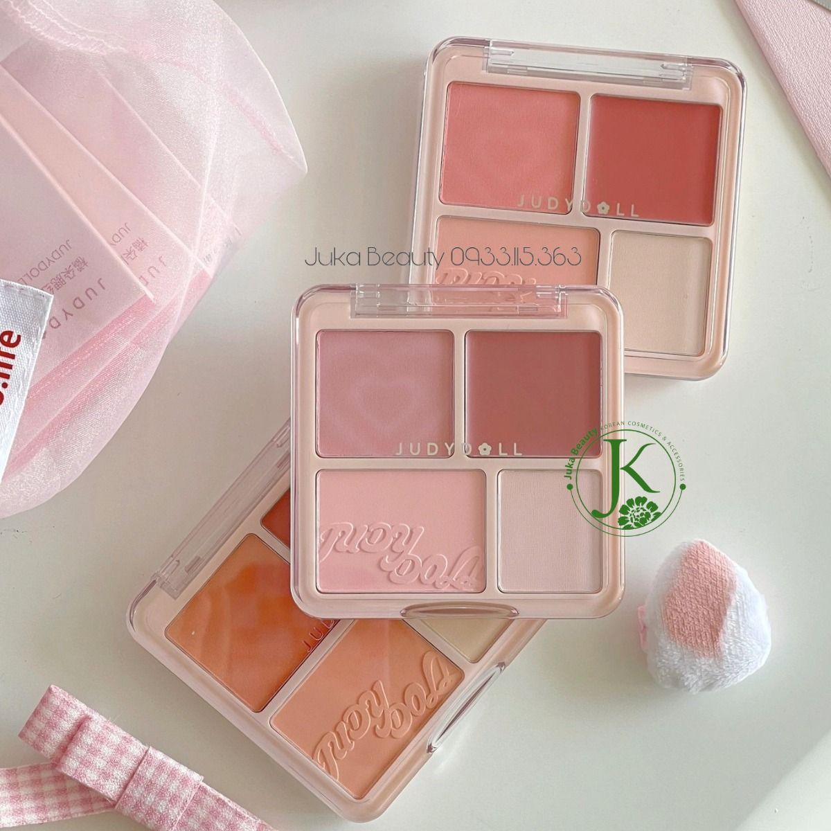  (TẶNG PUFF NGÓN TAY) Phấn Má Hồng & Bắt Sáng 4 Ô Judydoll Blush & Highlight Palette 9g 