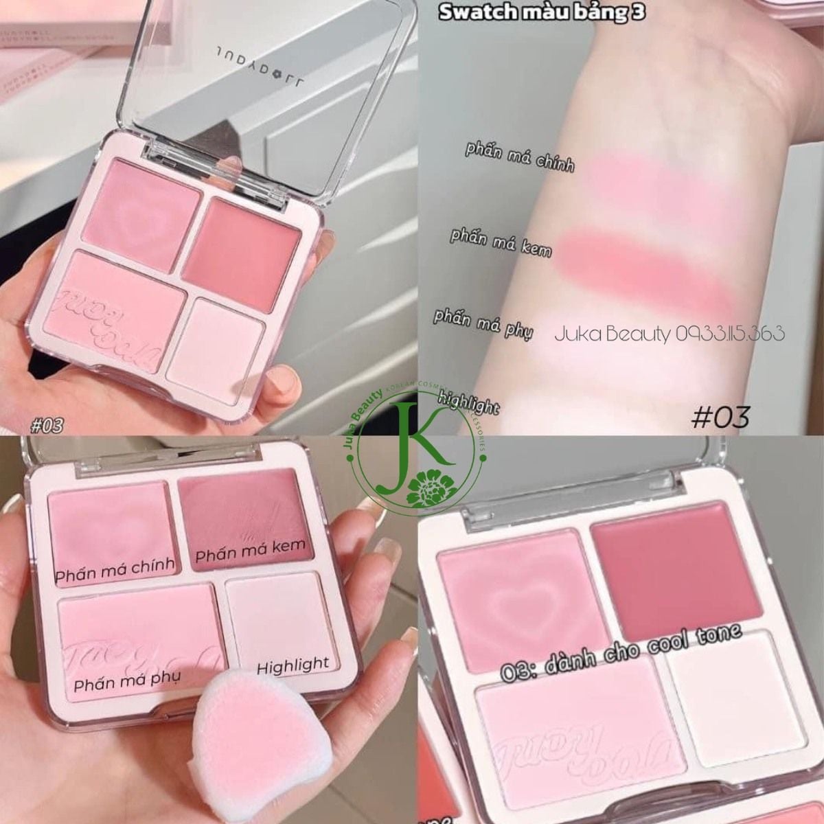  (TẶNG PUFF NGÓN TAY) Phấn Má Hồng & Bắt Sáng 4 Ô Judydoll Blush & Highlight Palette 9g 