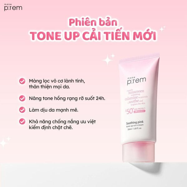  (Mẫu mới) Kem Chống Nắng Nâng Tone Trắng Hồng Make P:rem Soothing Pink Tone Up Sun Cream SPF50+ PA++++ (HỒNG) 
