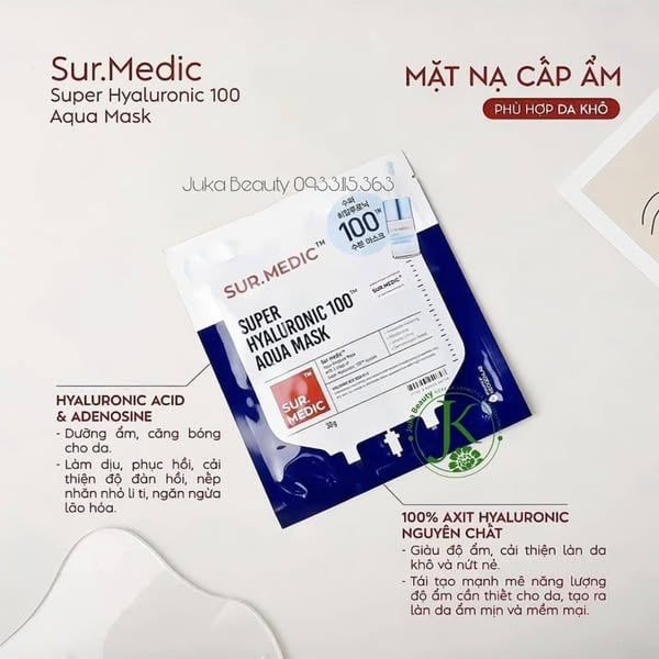  Mặt nạ dưỡng ẩm, cấp nước chuyên sâu Sur.Medic Super Hyaluronic 100 Aqua Mask 30g (1 miếng) 