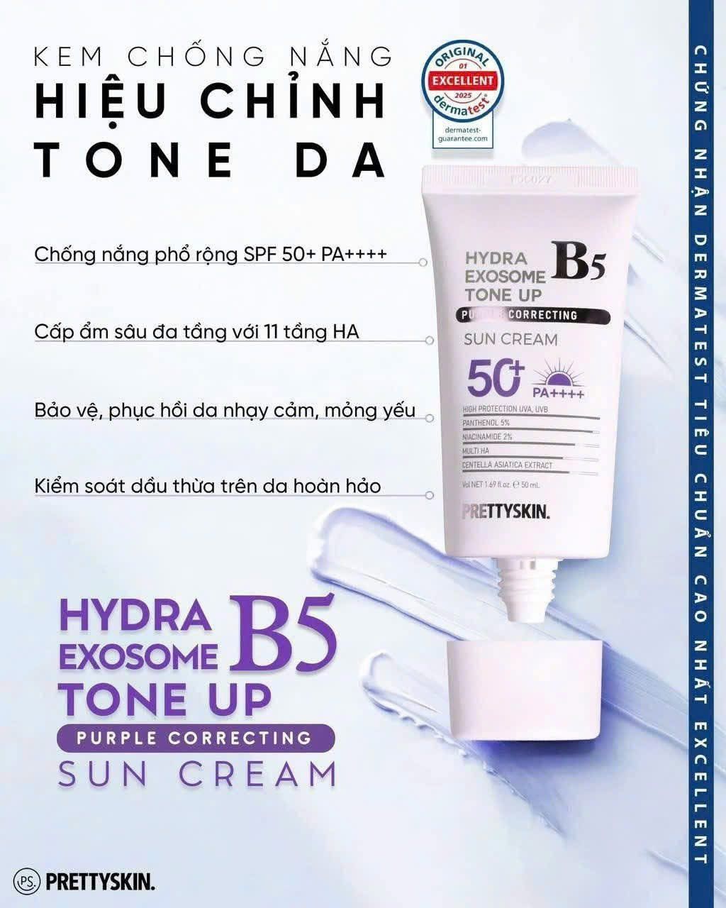  (TÍM) Kem Chống Nắng Nâng Tone PrettySkin Hydra B5 Exosome Tone Up Purple Sun Cream SPF50+ PA++++ 50ml 