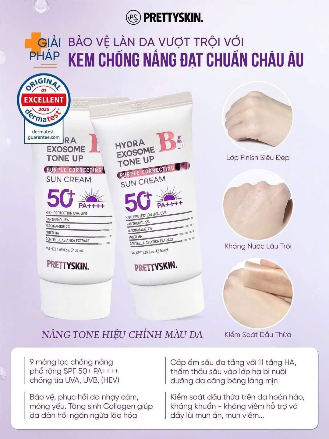  (TÍM) Kem Chống Nắng Nâng Tone PrettySkin Hydra B5 Exosome Tone Up Purple Sun Cream SPF50+ PA++++ 50ml 