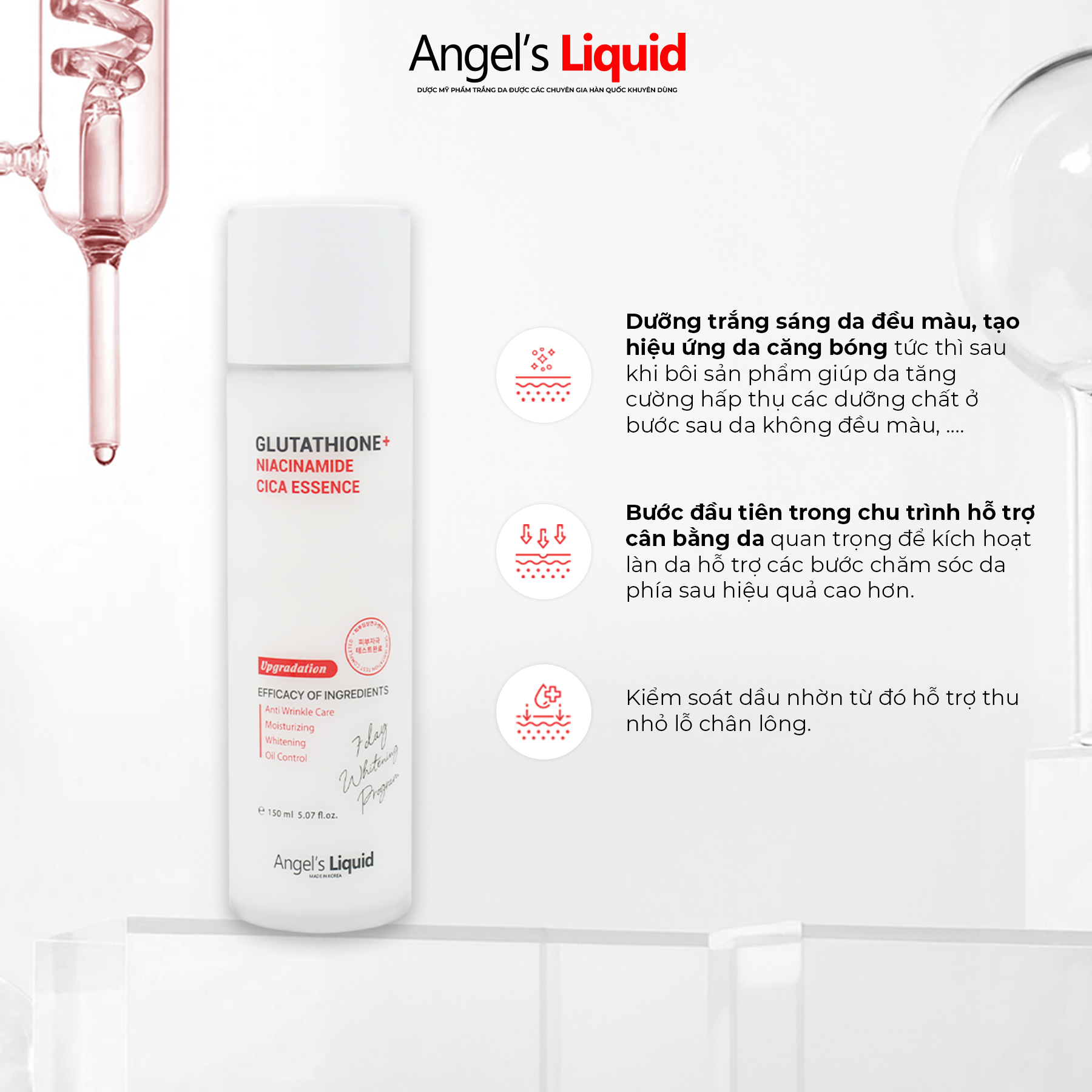  Nước Thần Dưỡng Trắng, Kiềm Dầu Angel's Liquid Glutathione + Niacinamide Cica Essence 150ml (Phiên bản Limited) 