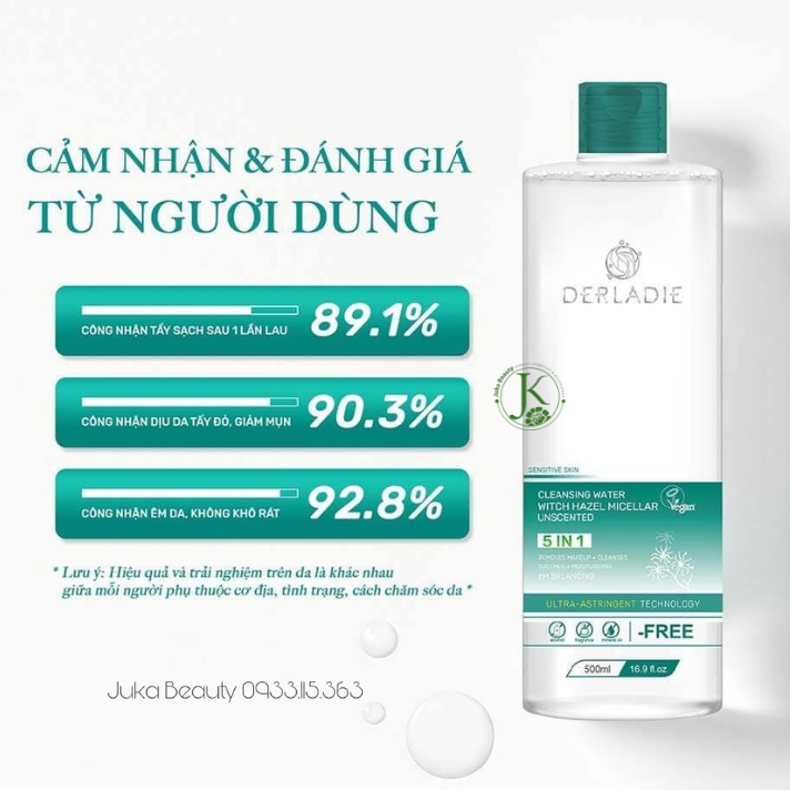  Tẩy Trang Thuần Chay Sạch Sâu Derladie Cleansing Water Witch Hazel Micellar Unscented 5 IN 1 500ml 