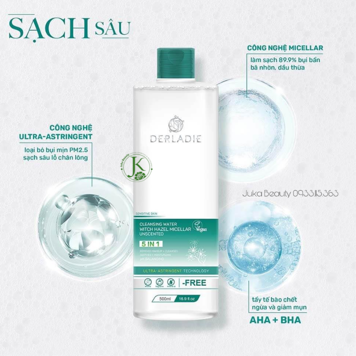  Tẩy Trang Thuần Chay Sạch Sâu Derladie Cleansing Water Witch Hazel Micellar Unscented 5 IN 1 500ml 