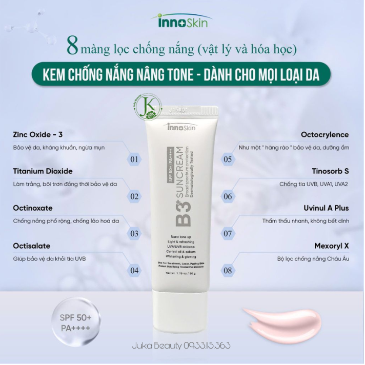  (XÁM) Kem Chống Nắng Nâng Tone Innoskin B3+ Suncream SPF50+ PA++++ 50g 