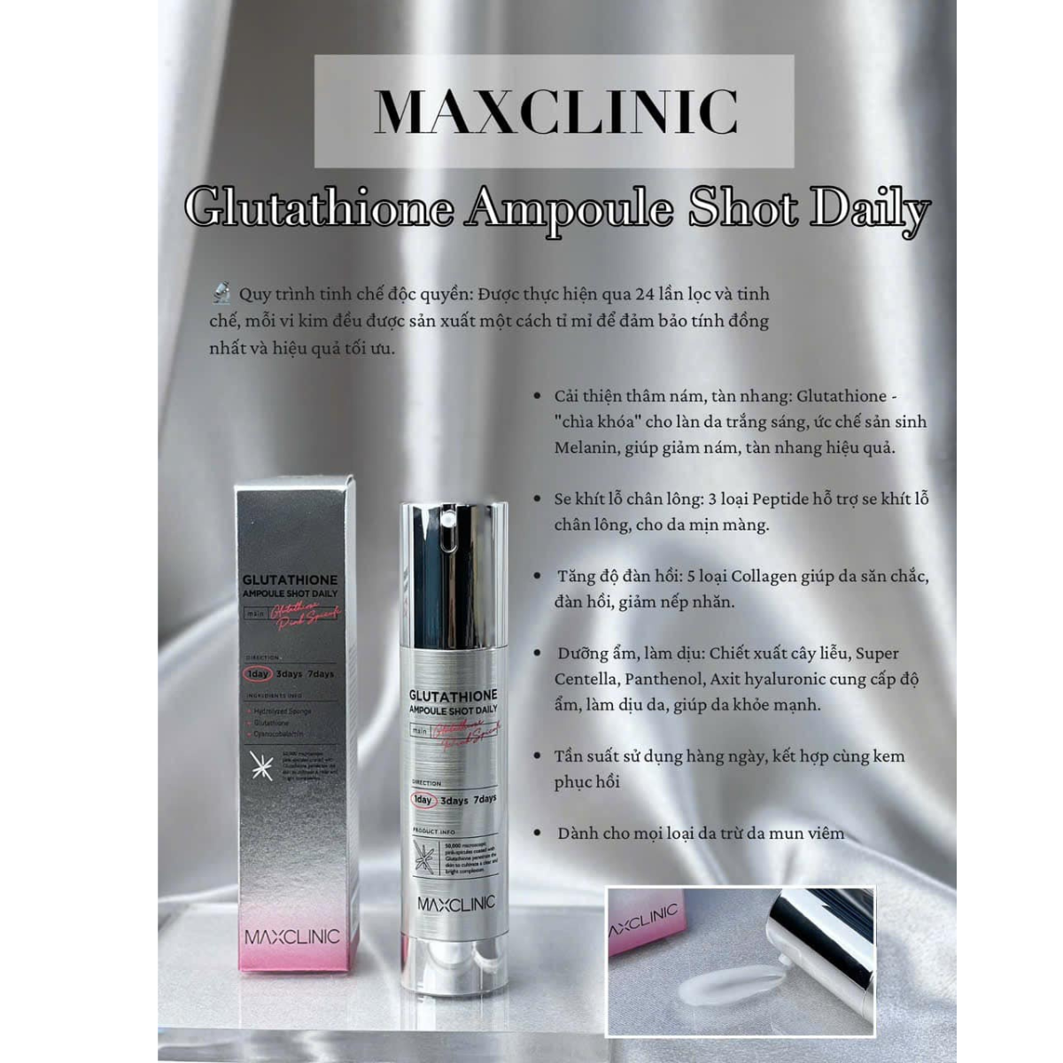  Tinh Chất Vi Kim Dưỡng Trắng, Cải Thiện Nếp Nhăn Maxclinic Glutathione Ampoule Shot 50ml 