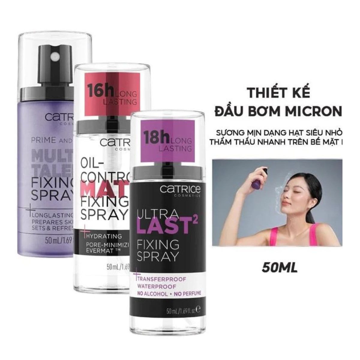 Xịt Khóa Nền Catrice Kiềm Dầu, Giữ Ẩm, Căng Bóng, Lâu Trôi Catrice Fixing Spray 50ml (3 dòng) 