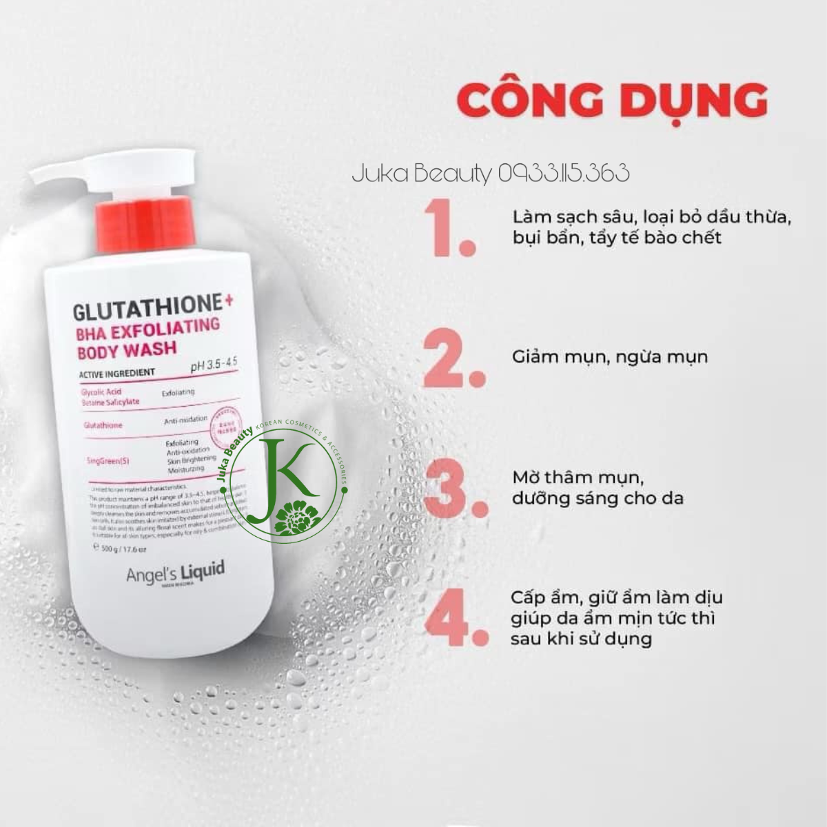  Sữa Tắm Giảm Mụn, Mờ Thâm Angel's Liquid Glutathione BHA Exfoliating Body Wash 500g 