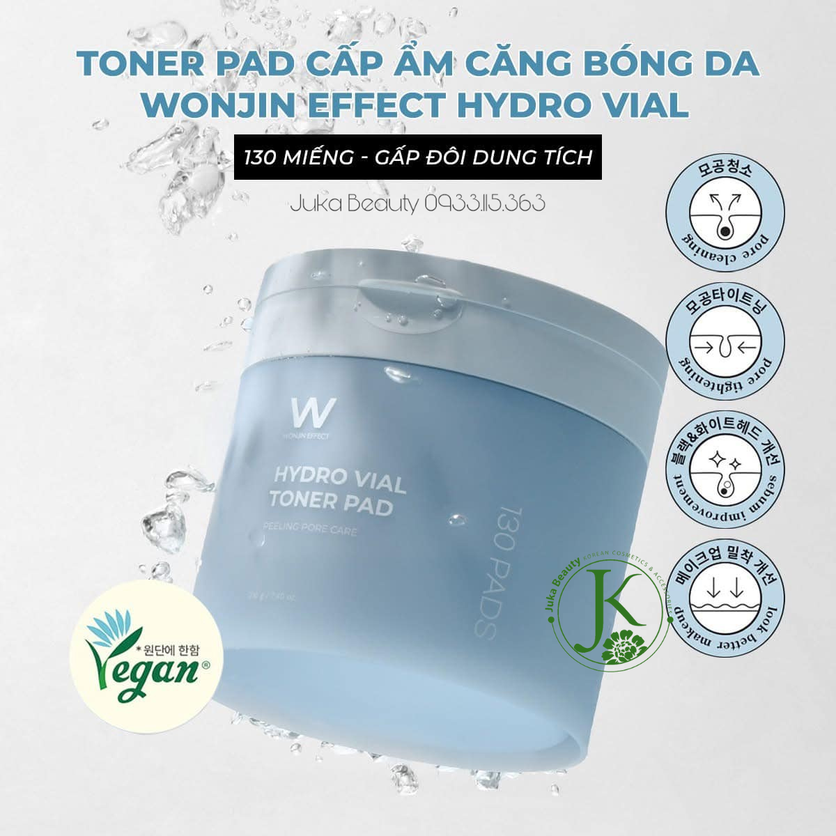  Toner Pad Cấp ẩm, Căng Bóng Da Wonjin Effect Hydro Vial Toner Pad 210ml (130 miếng) 