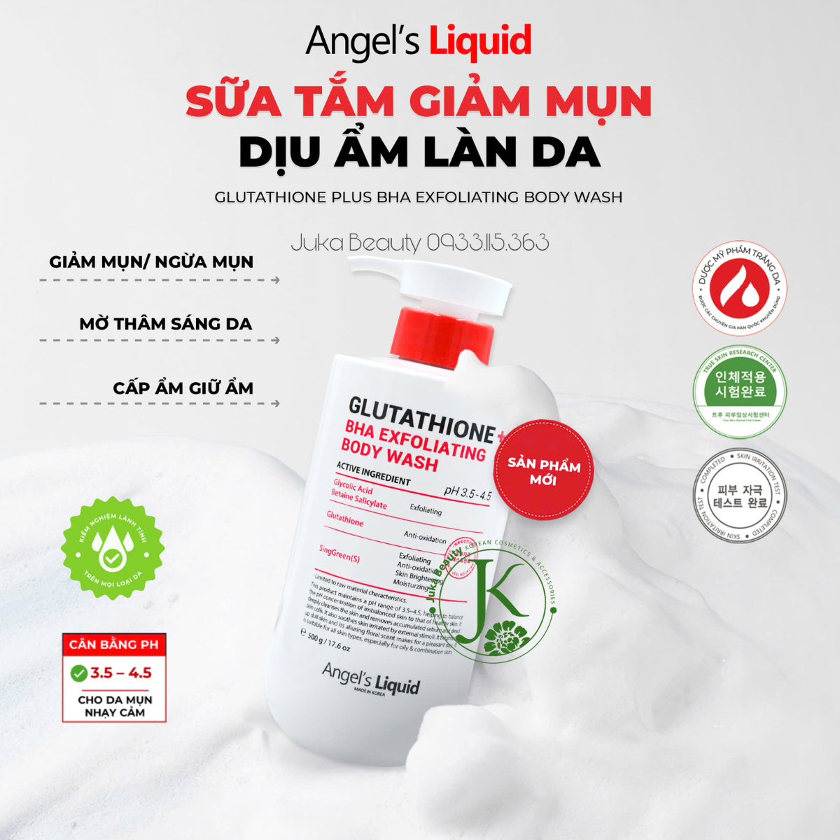  Sữa Tắm Giảm Mụn, Mờ Thâm Angel's Liquid Glutathione BHA Exfoliating Body Wash 500g 