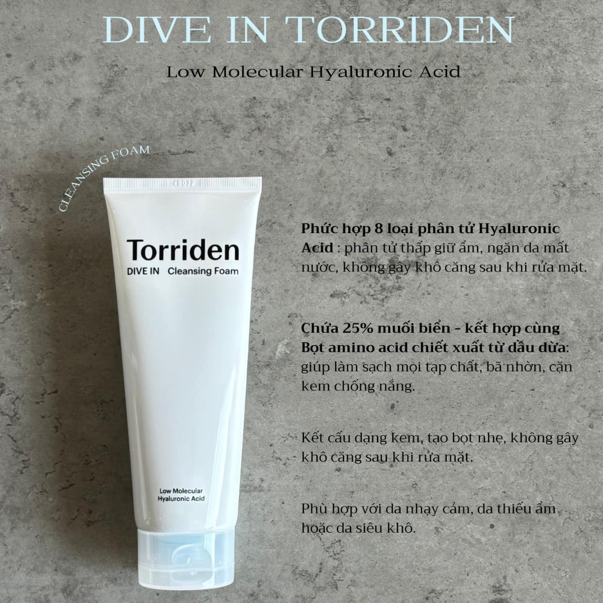  Sữa Rửa Mặt Dưỡng ẩm, Tạo Bọt Torriden Dive In Low Molecular Hyaluronic Acid Cleansing Foam 150ml 