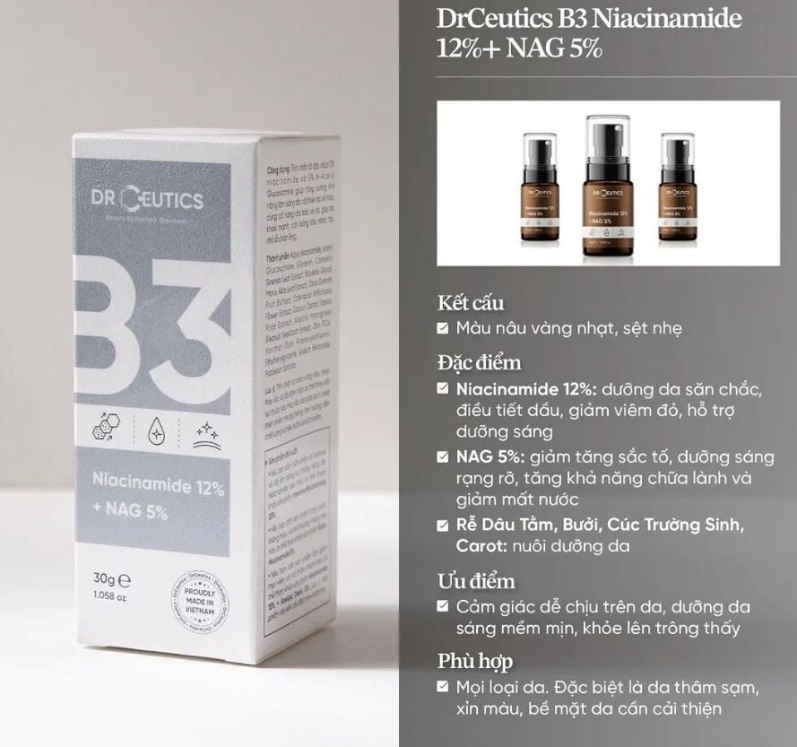  Tinh Chất Sáng Da, Kiềm Dầu DRCEUTICS B3 Niacinamide 12% + NAG 5% 30g 