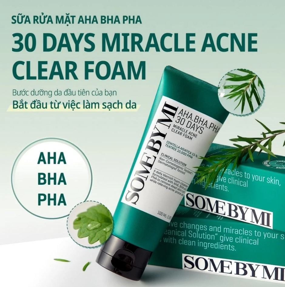  (Mẫu mới) Sữa Rửa Mặt Dưỡng ẩm, Giảm Mụn Some By Mi AHA.BHA.PHA 30 Days Miracle Acne Clear Foam 100ml 